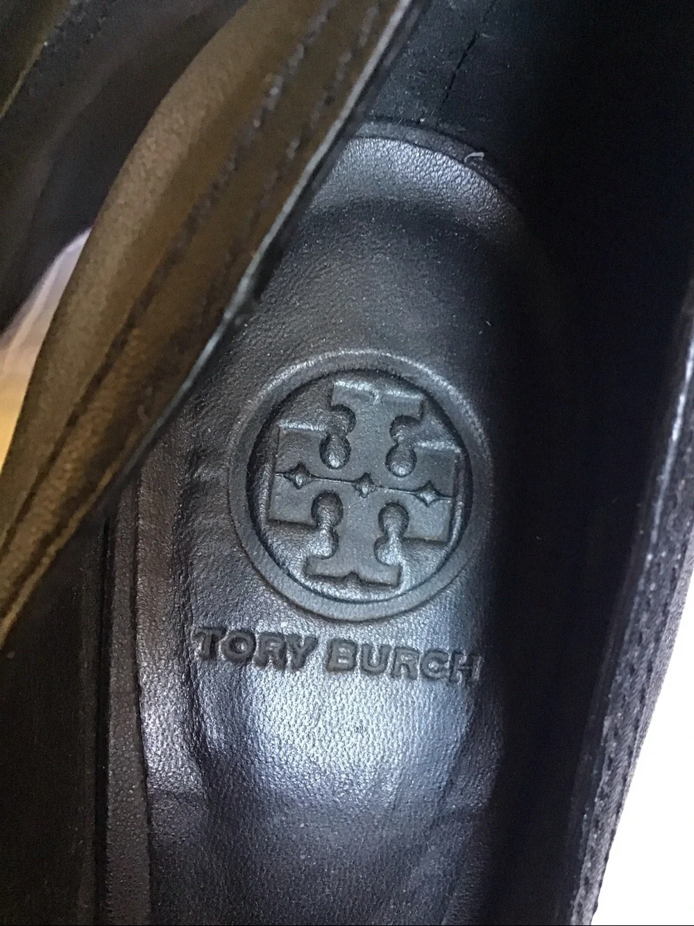 Tory Burch Black Peep-Toe Flats with Gold Logo